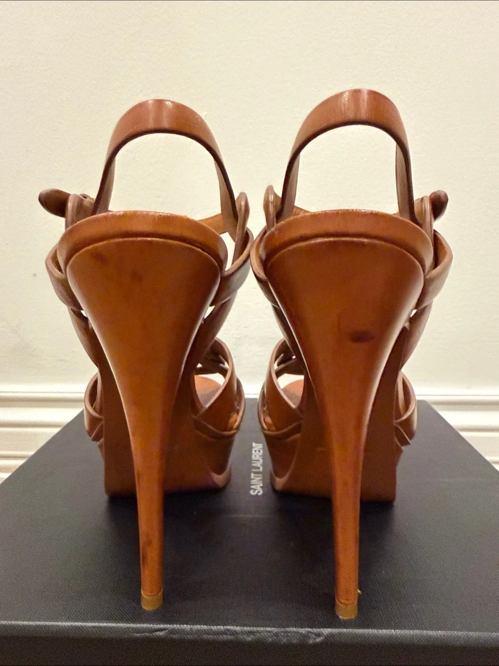 Saint Laurent Tribute 105 Camel Leather Platform Sandals Heels 37.5 Full Set - Picture 5 of 13